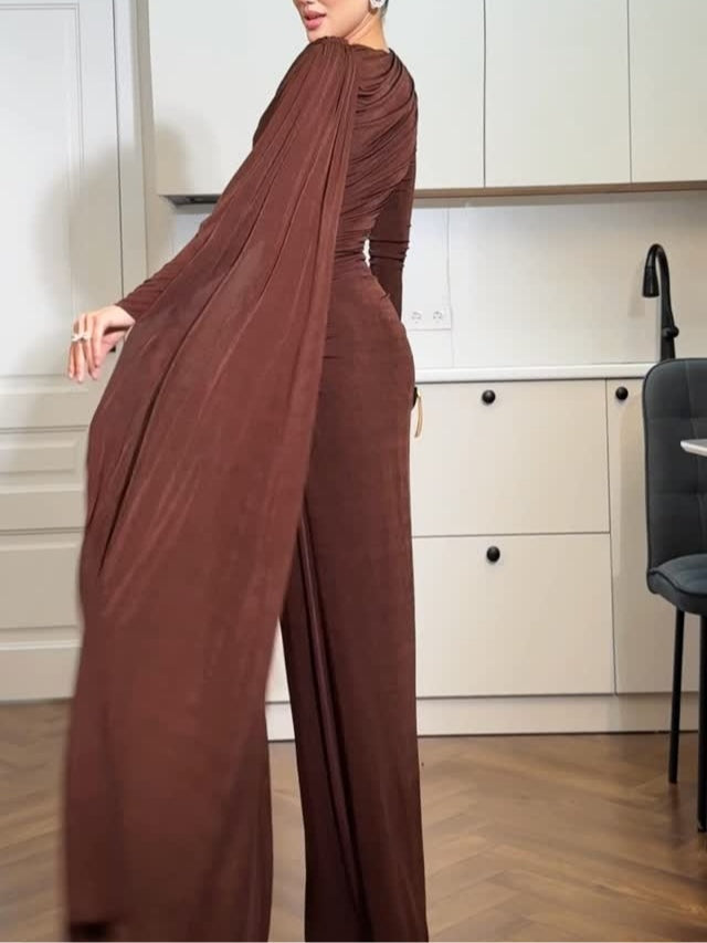Long-sleeved one-shoulder cape maxi dress
