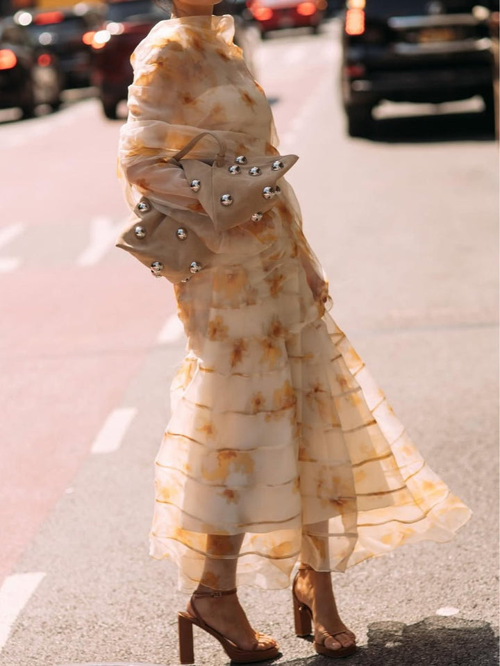 Tulle printed slip dress with tulle pullover top