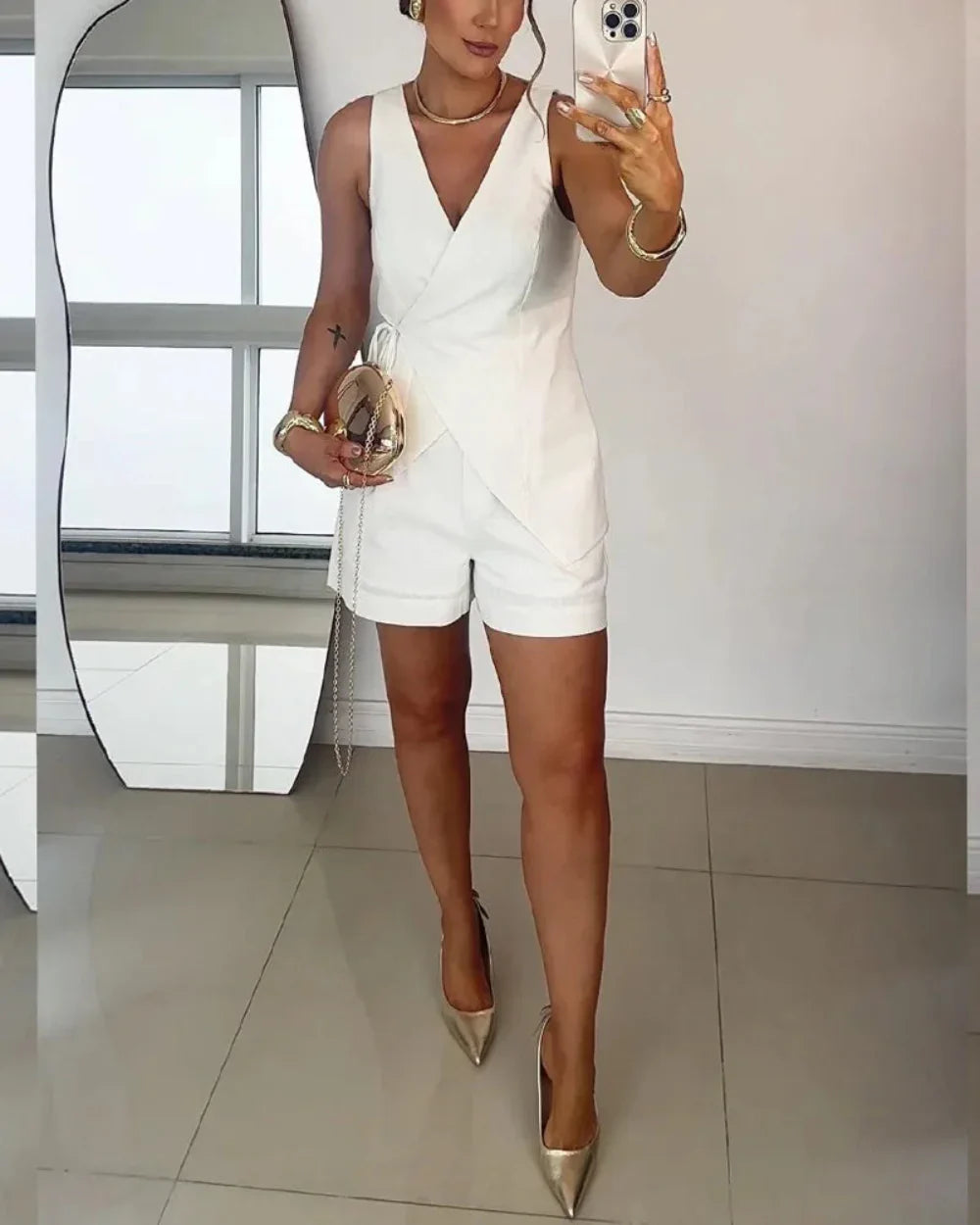 Linen Sleeveless V-neck Top and Loose Shorts Set