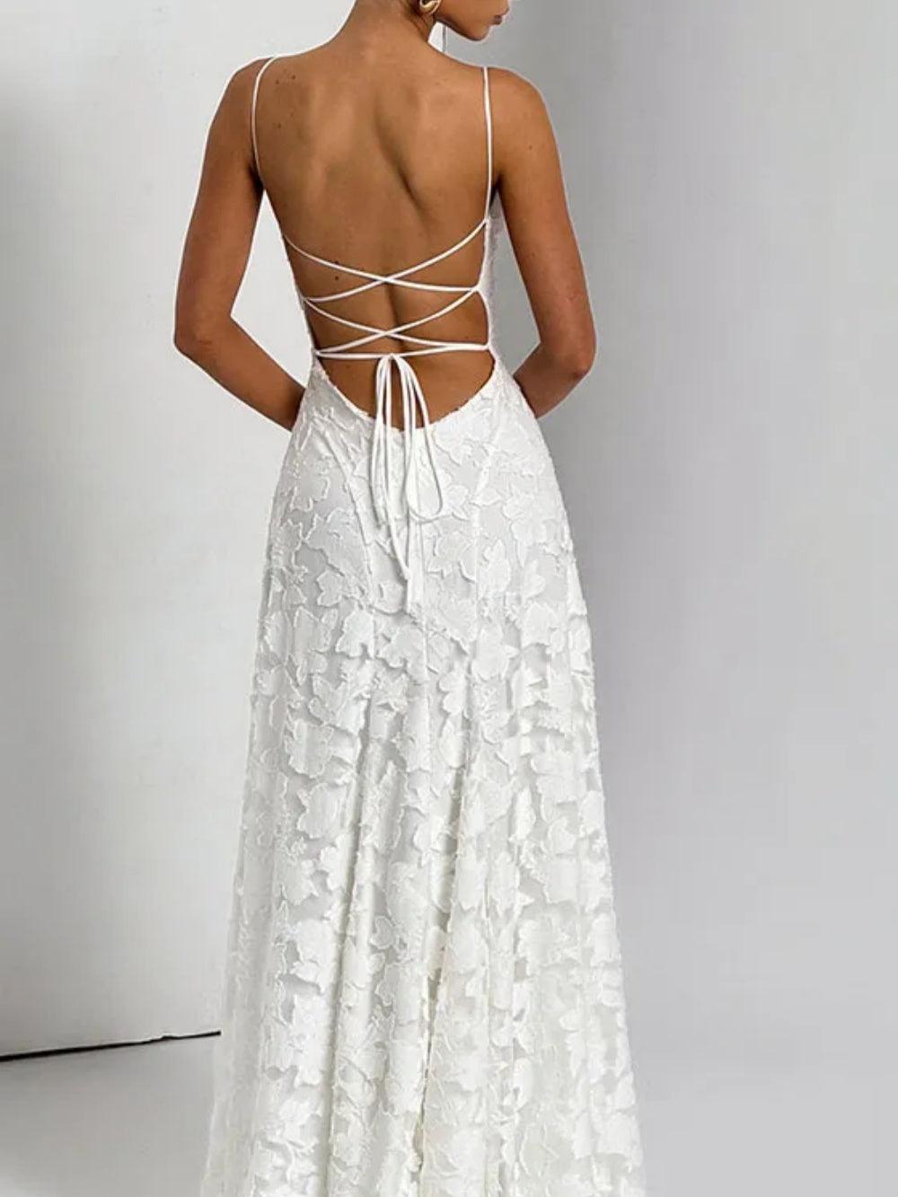 Spaghetti Strap White Lace Long Dress