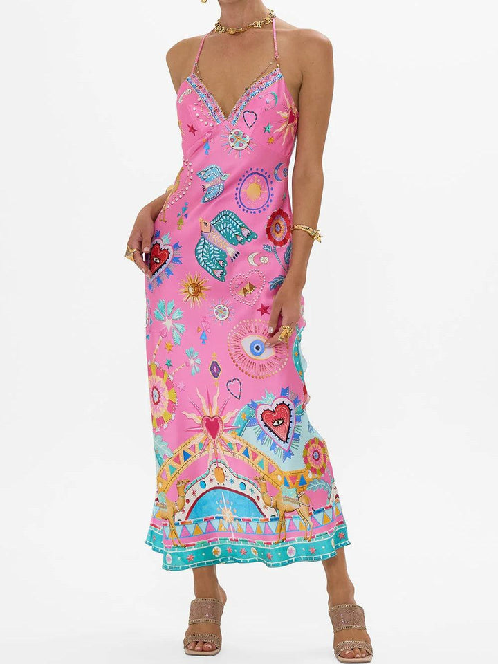 Satin printed open back midi dress