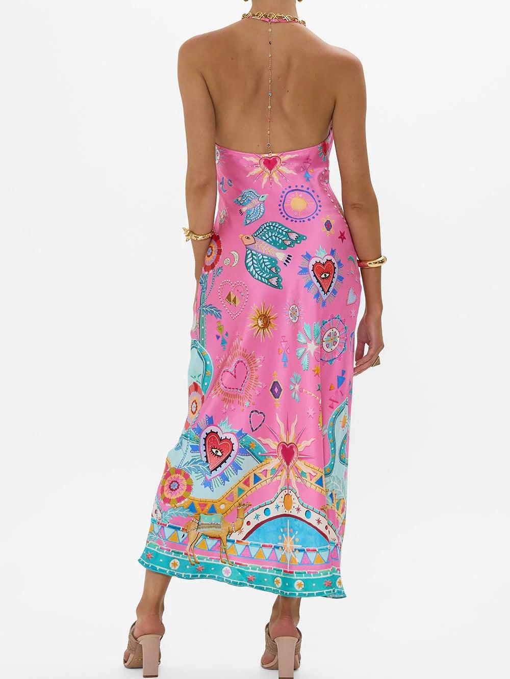 Satin printed open back midi dress