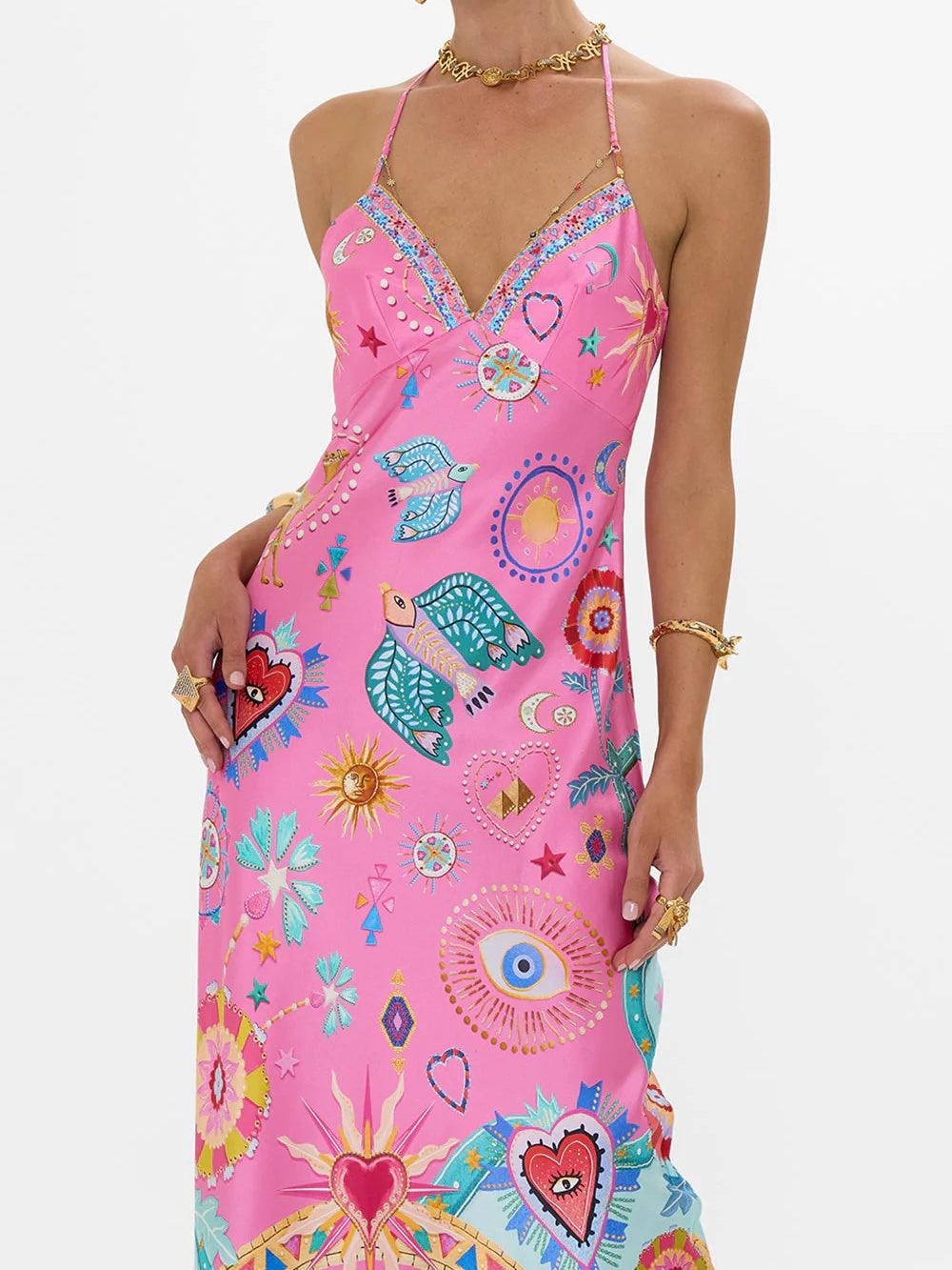 Satin printed open back midi dress