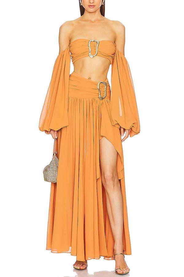 Chiffon high waist flowy asymmetric draped maxi skirt set