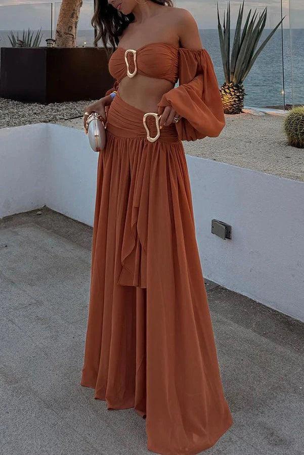 Chiffon high waist flowy asymmetric draped maxi skirt set
