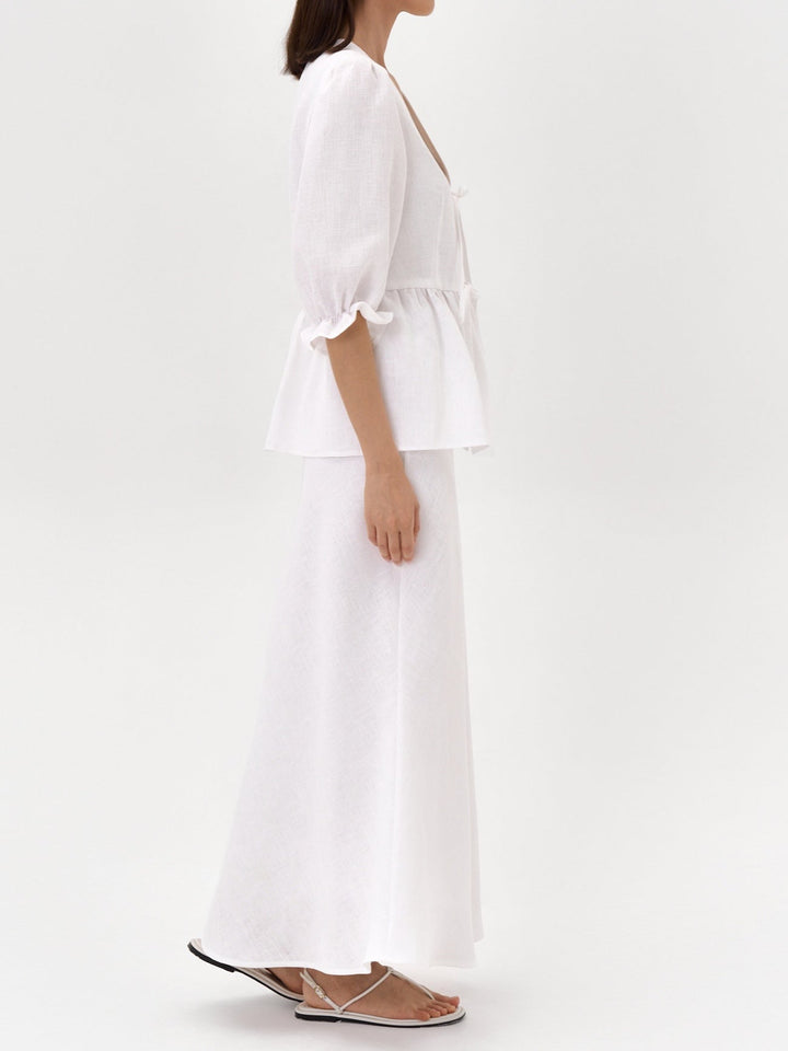 Yellow V-neck Mid-sleeve Top High Waist Skirt Linen Suit