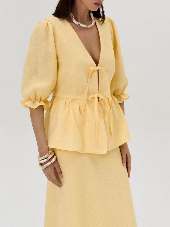 Yellow V-neck Mid-sleeve Top High Waist Skirt Linen Suit