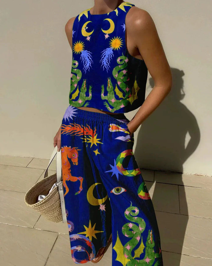 Unique Print Tank And Elastic Waist Pocketed Pants Set