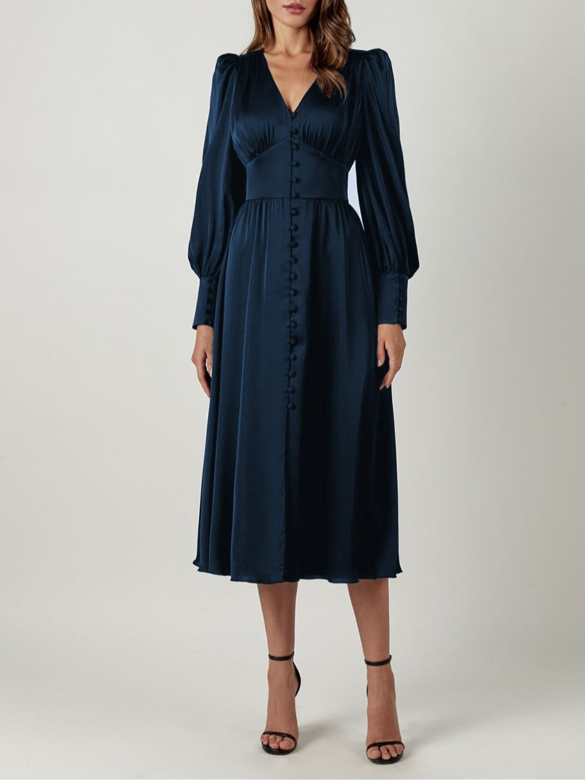 Satin Solid Balloon Sleeve V Neck Midi Dress