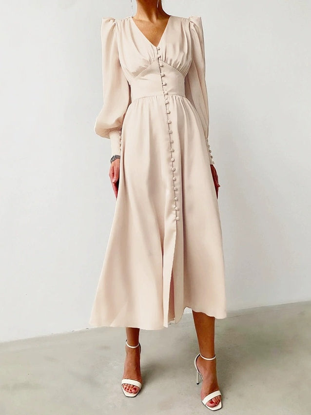Satin Solid Balloon Sleeve V Neck Midi Dress