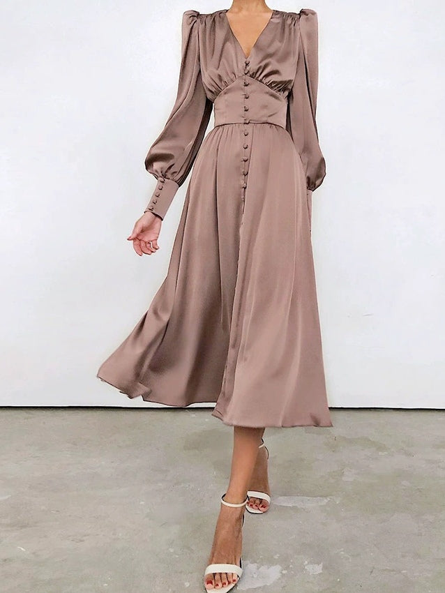 Satin Solid Balloon Sleeve V Neck Midi Dress