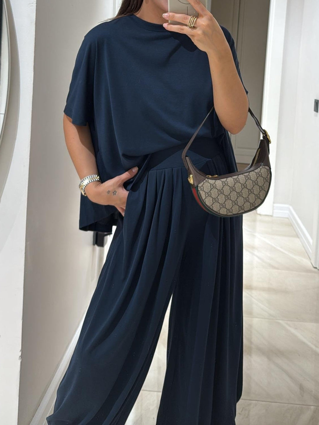 Light Grey Casual Top and Wide-leg Pants Set