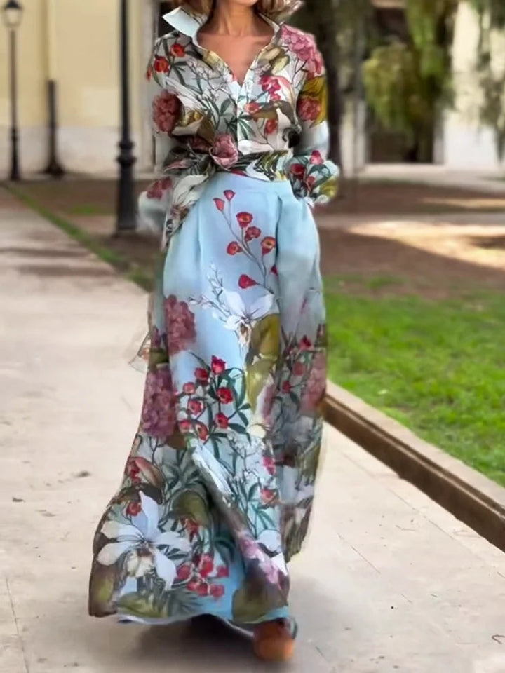 Elegant Floral Print Shirt and Skirt Two-piece Set