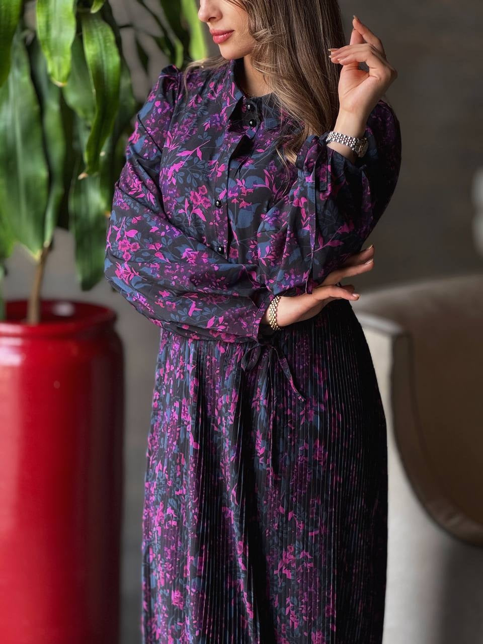 Elegant Floral Print Pleated Shirt Maxi Dress