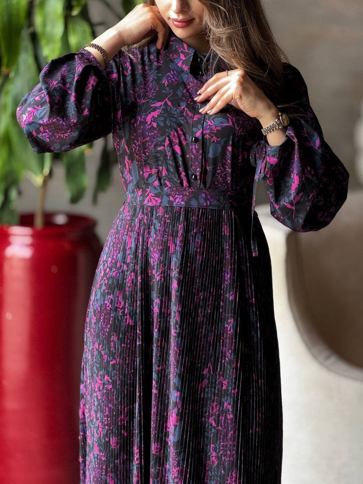 Elegant Floral Print Pleated Shirt Maxi Dress