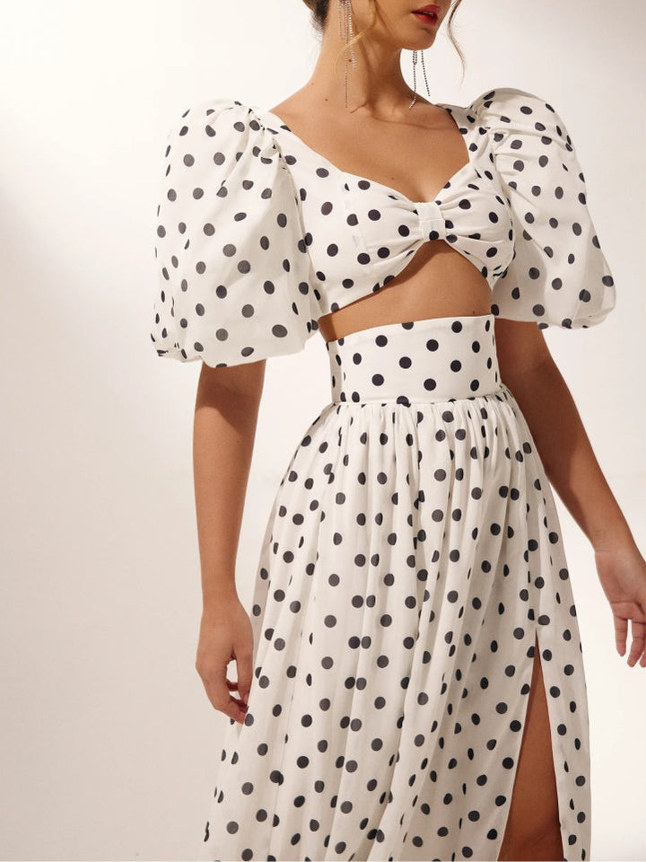 Polka Dot Square Neck Puff Sleeve Top and Slit Skirt Set