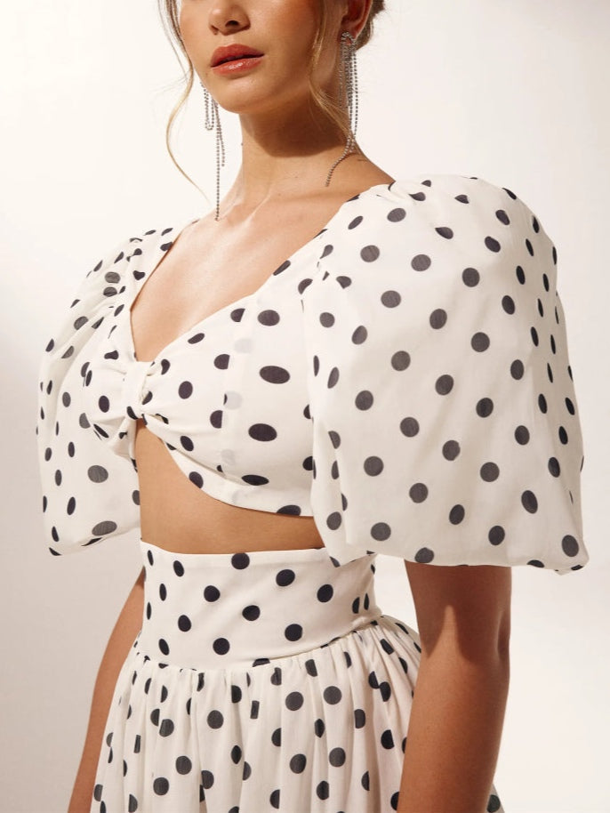 Polka Dot Square Neck Puff Sleeve Top and Slit Skirt Set