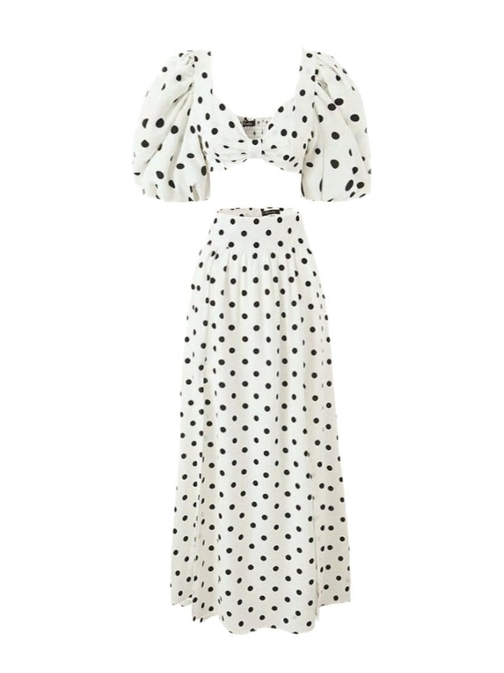 Polka Dot Square Neck Puff Sleeve Top and Slit Skirt Set