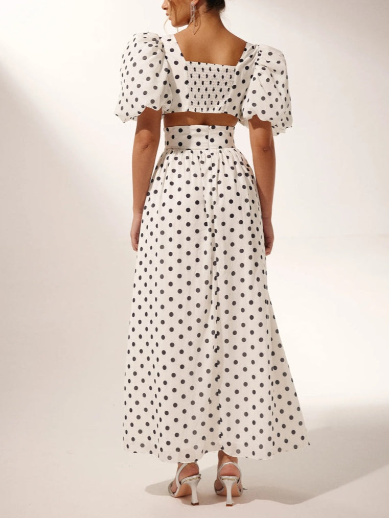 Polka Dot Square Neck Puff Sleeve Top and Slit Skirt Set