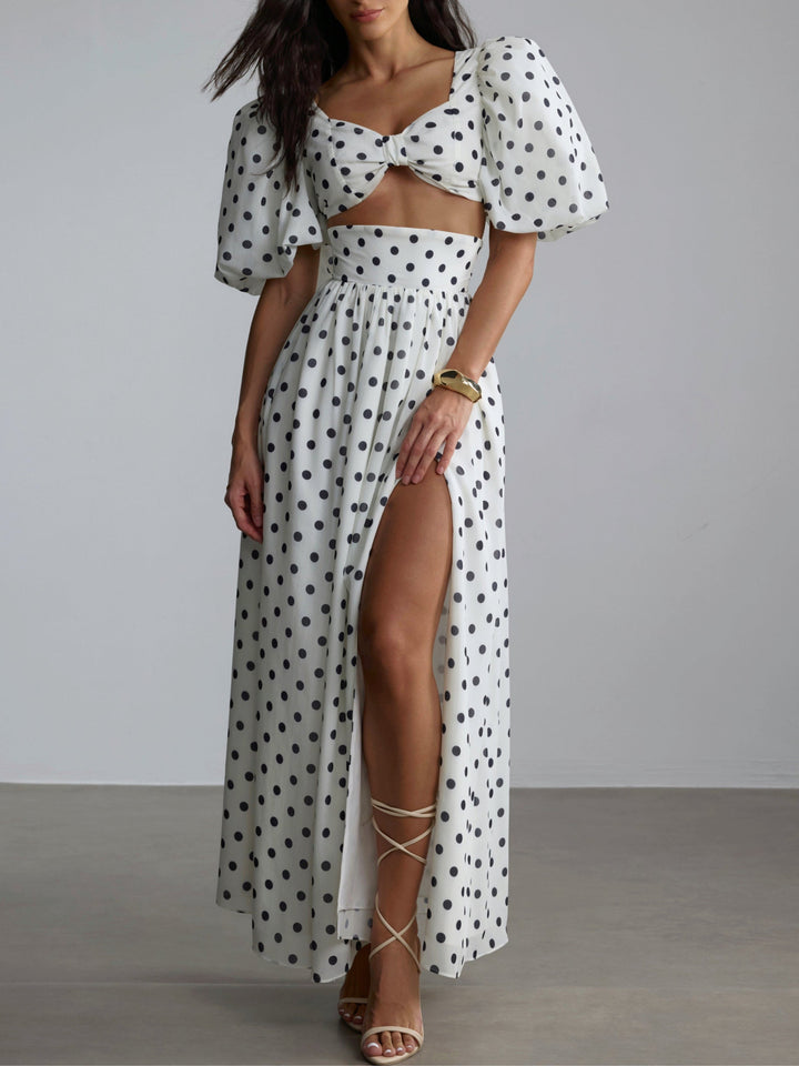 Polka Dot Square Neck Puff Sleeve Top and Slit Skirt Set
