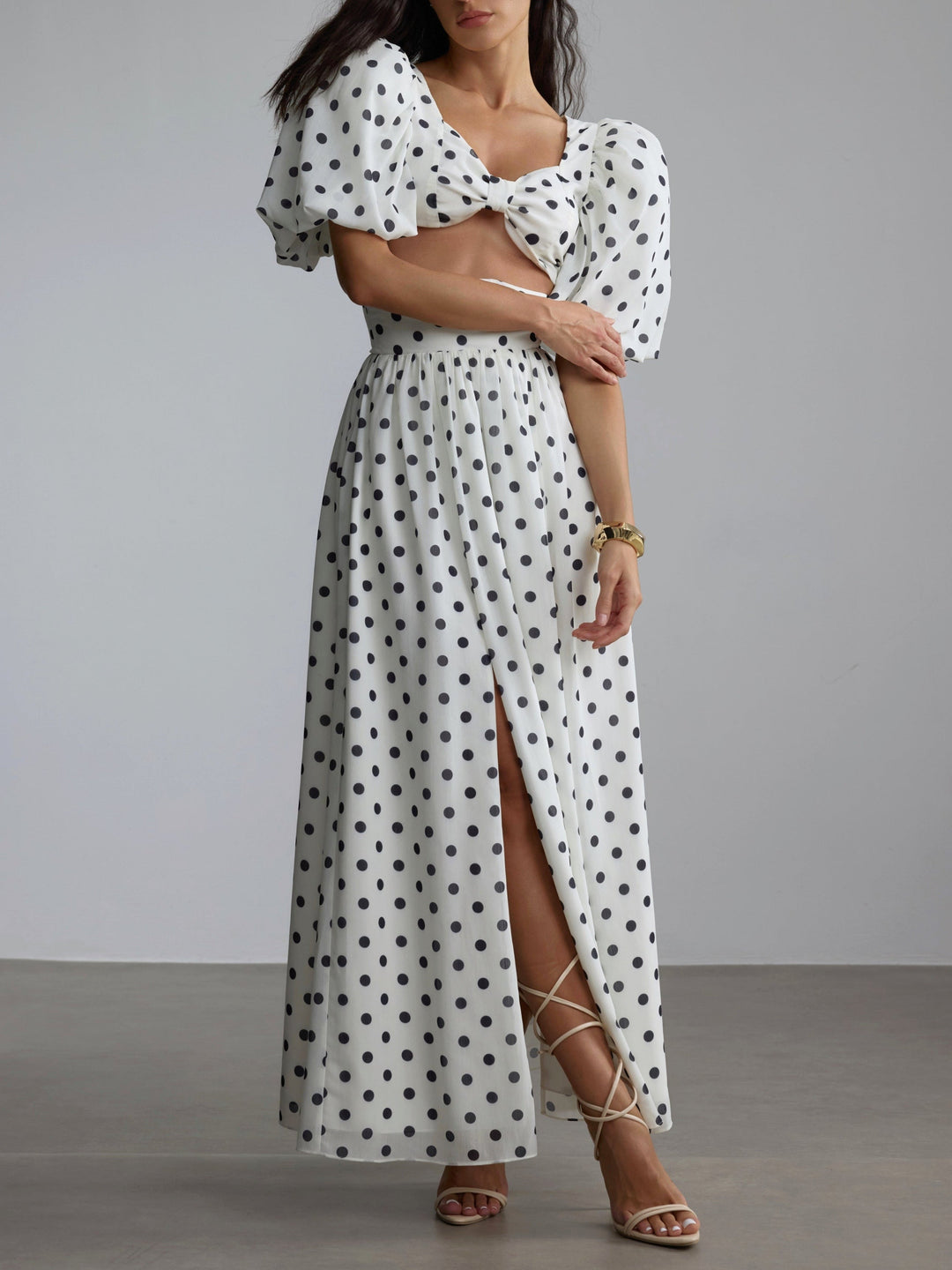 Polka Dot Square Neck Puff Sleeve Top and Slit Skirt Set