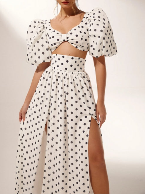 Polka Dot Square Neck Puff Sleeve Top and Slit Skirt Set