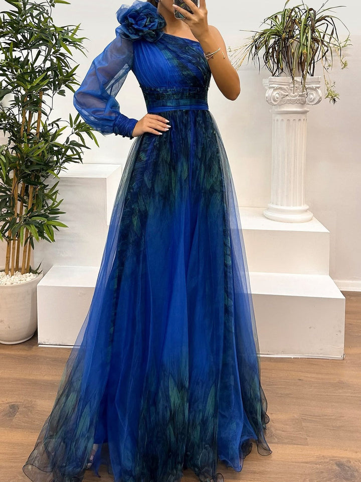 One Shoulder Mesh Abstract Gradient Print Maxi Dress