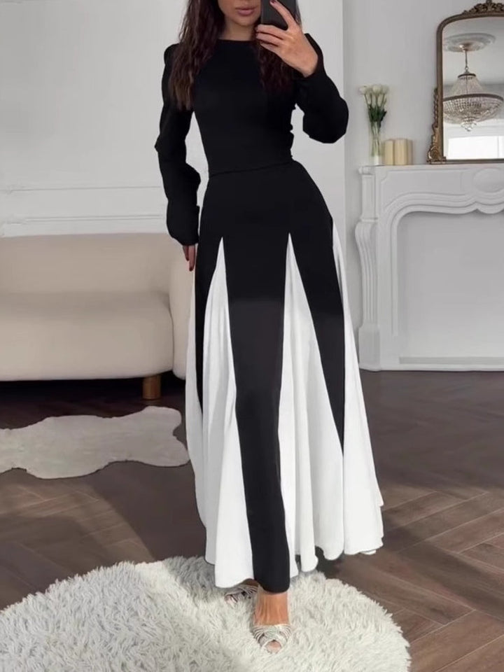 Elegant Black and White Colorblock Round Neck Waist Long Sleeve Dress