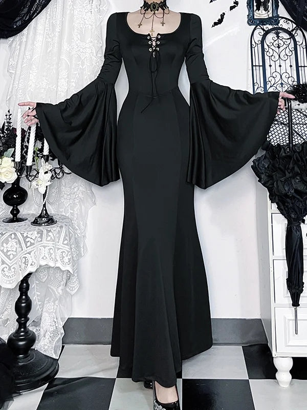 Gothic Lace-Up Bell Sleeve Mermaid Maxi Dress