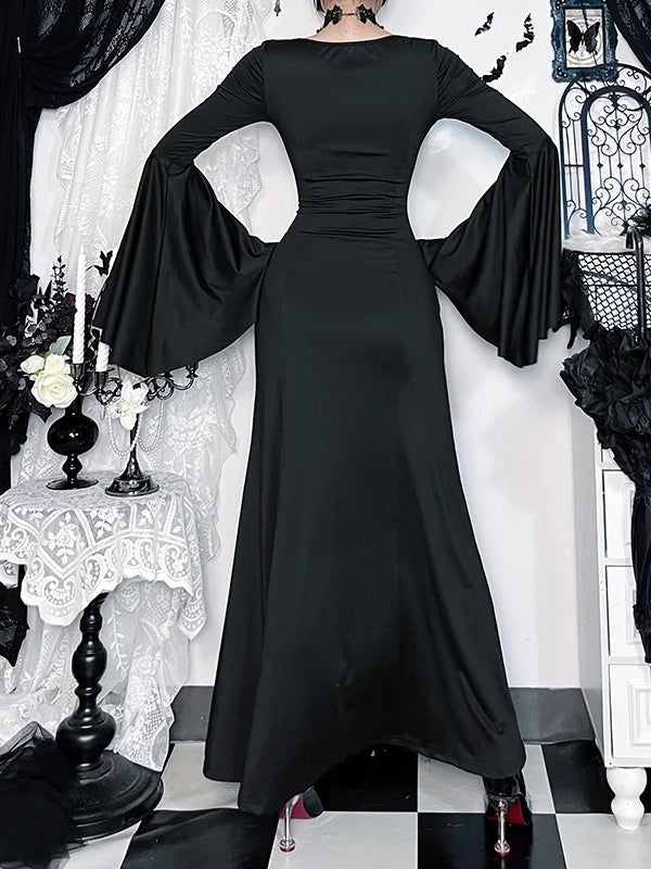 Gothic Lace-Up Bell Sleeve Mermaid Maxi Dress