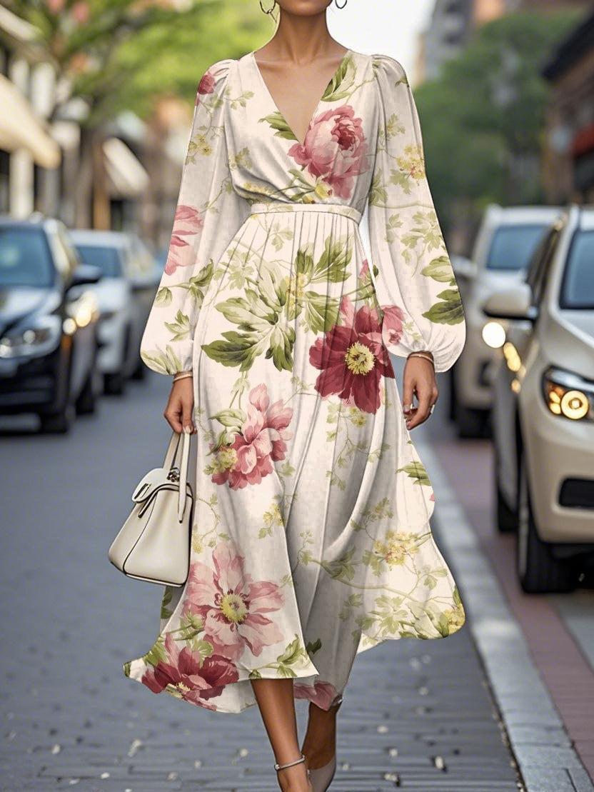 Elegant Floral V-neck Chiffon Pleated Midi Dress