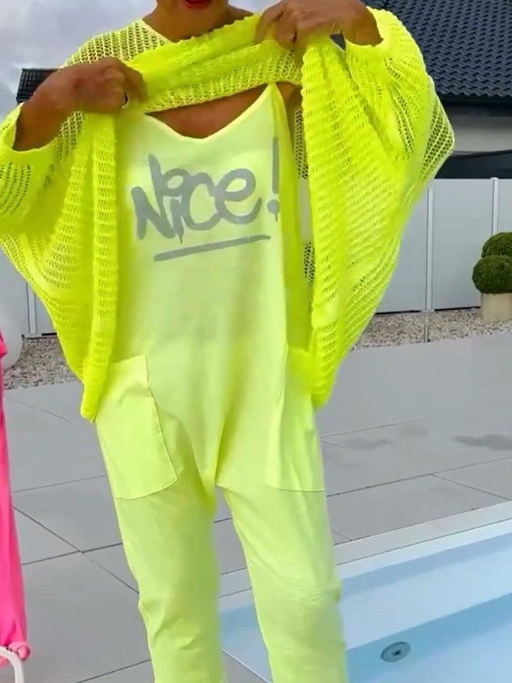 Letter-print Jumpsuit and Cutout Cover-up Casual Set