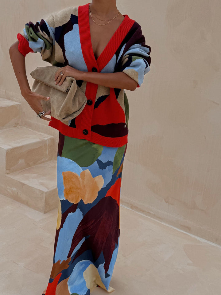 Abstract Geometric Pattern Knitted Jacket + Skirt Set