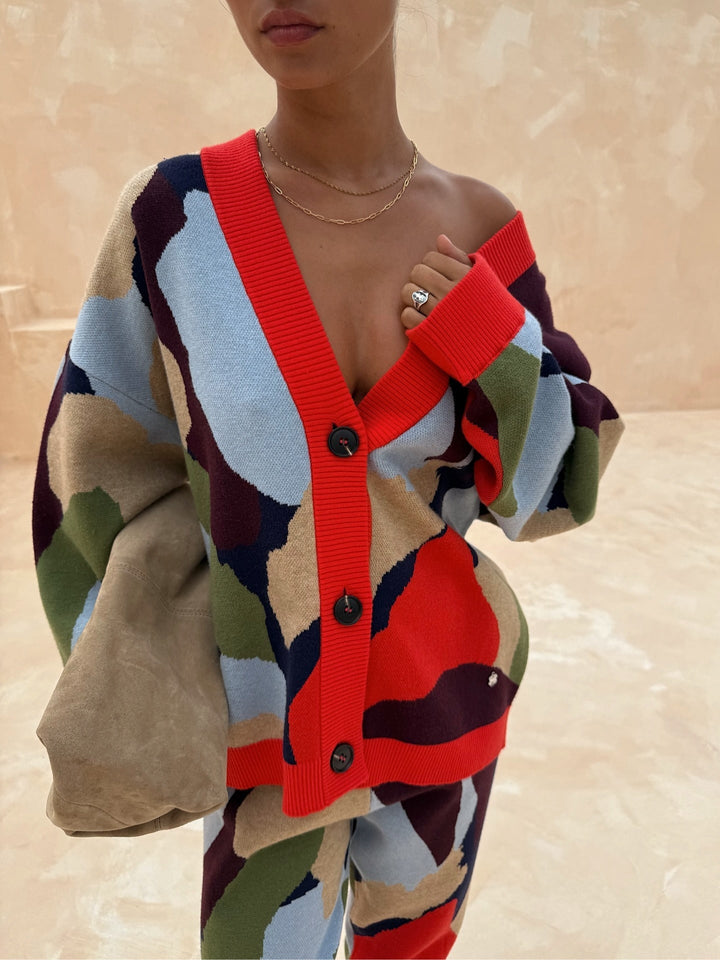 Abstract Geometric Pattern Knitted Jacket + Skirt Set