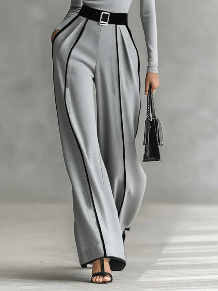 Gray Trim High-neck Long-sleeved Top With Wide-leg Pants and Belt Set
