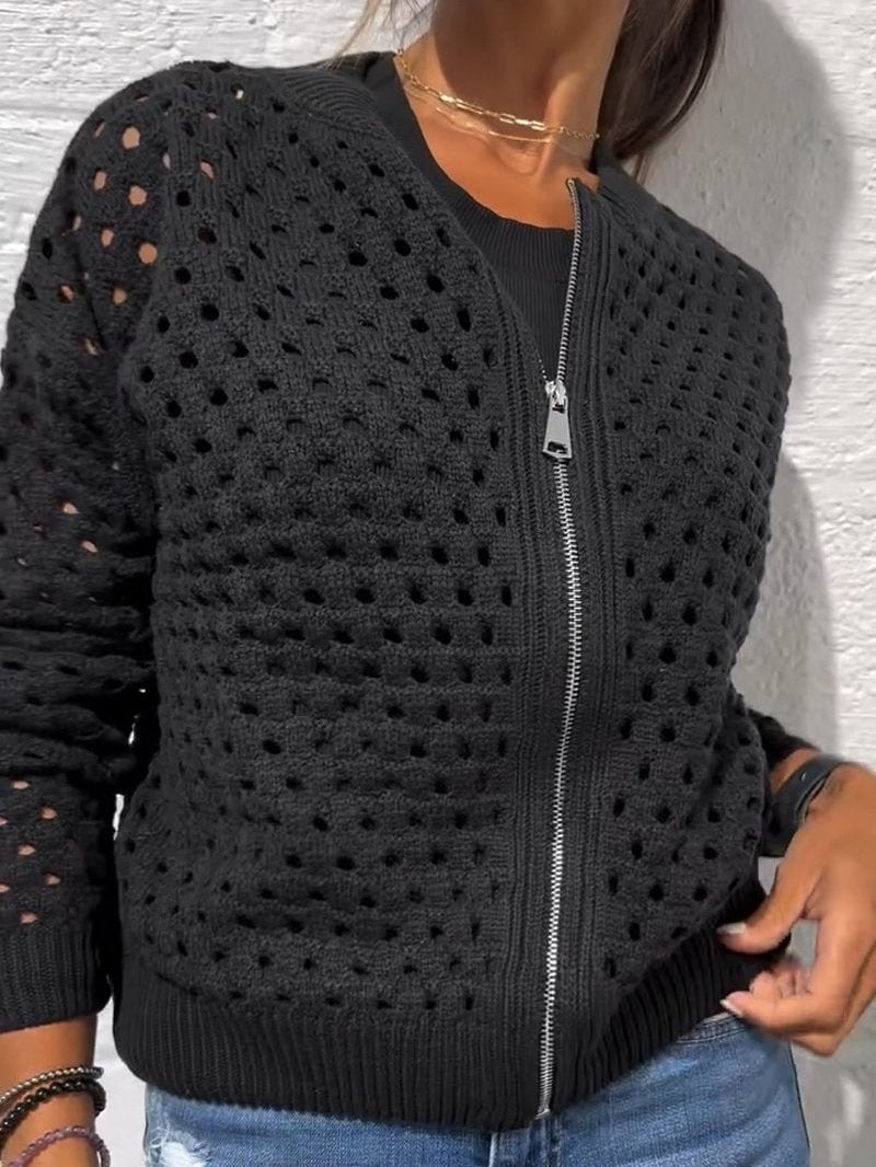 Openwork Knit Zip-up Casual Jacket