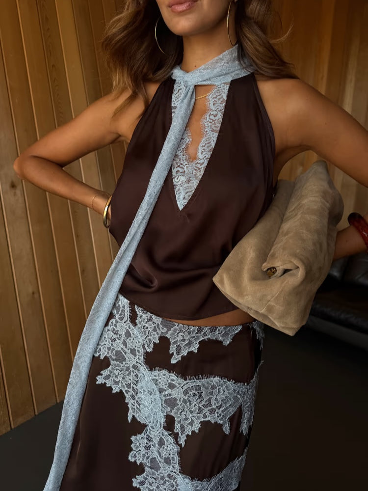 Chic Brown and Blue Lace Panel Top
