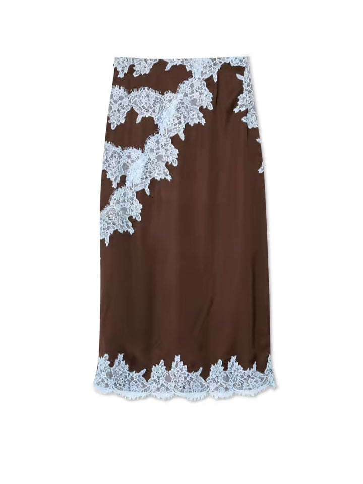 Elegant Brown and Blue Lace Panel Skirt