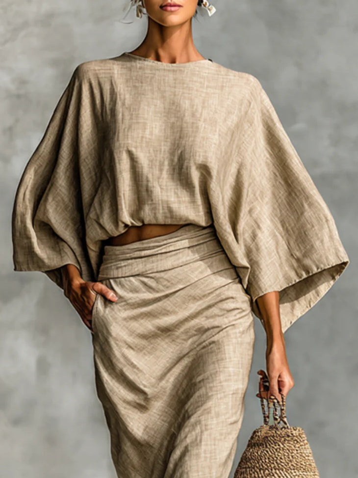 Cotton And Linen Blend Bat Sleeve Long Skirt Two-piece Set