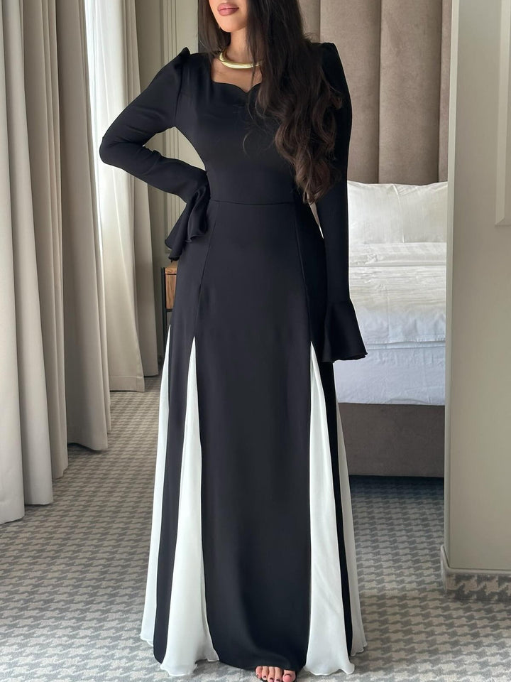 Black And White Flared Long-sleeved Maxi Dress