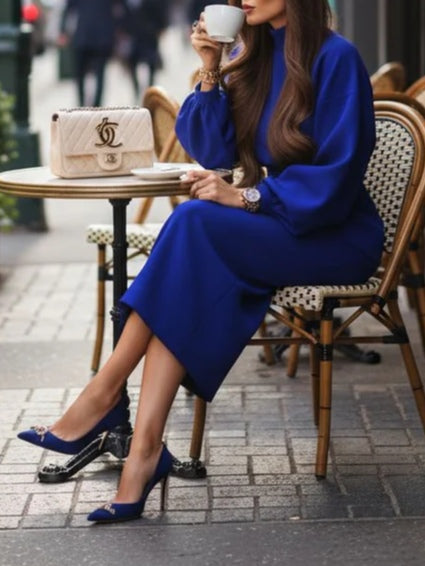 Royal Blue Turtleneck Top And Skirt Two-piece Set