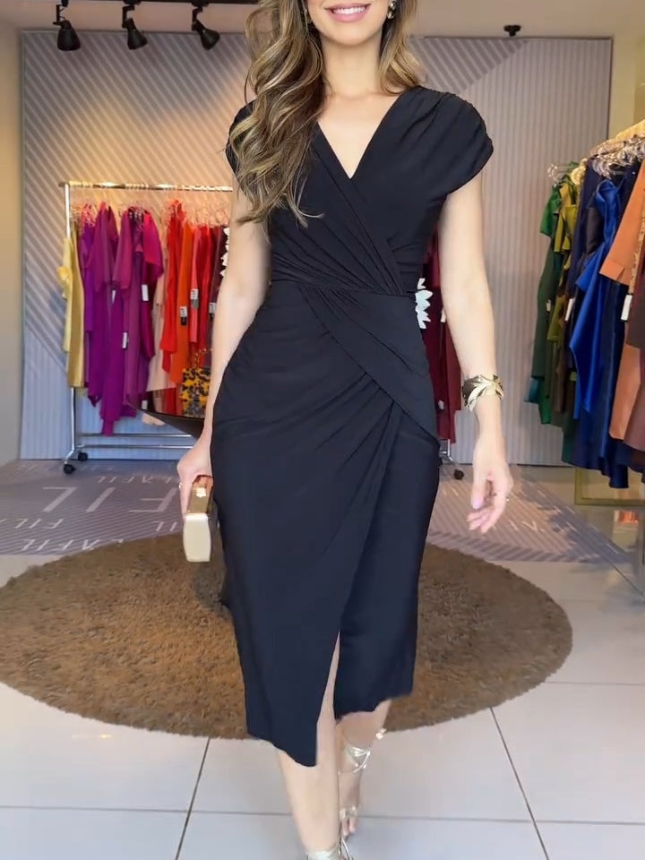 Burgundy V-neck Pleated Waist Midi Dress