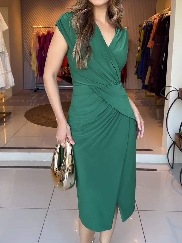 Burgundy V-neck Pleated Waist Midi Dress