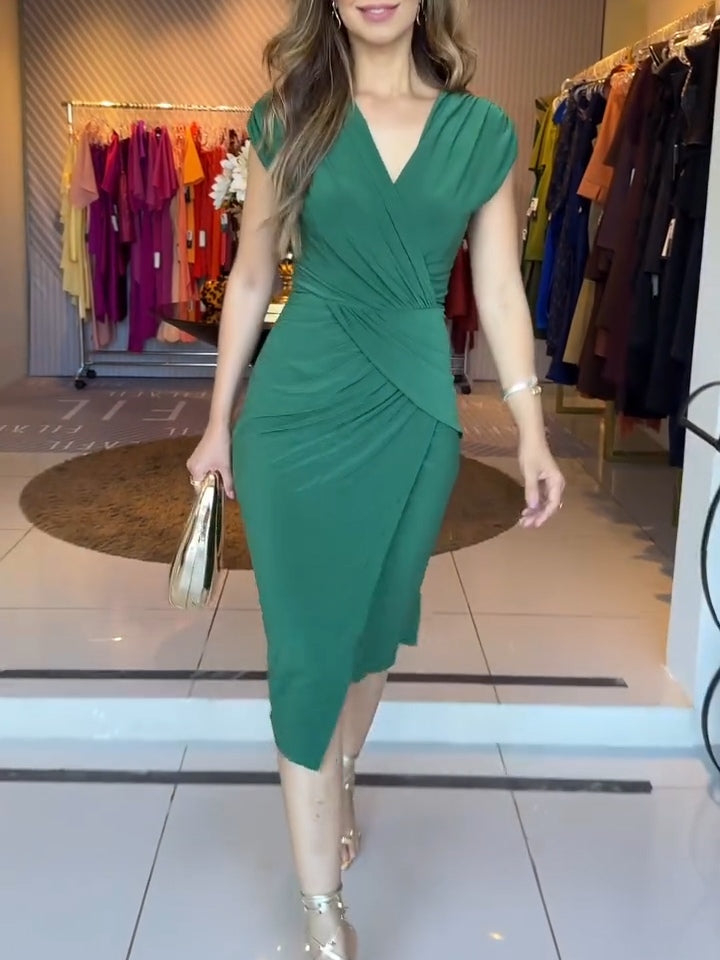 Burgundy V-neck Pleated Waist Midi Dress