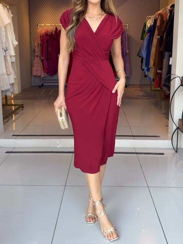 Burgundy V-neck Pleated Waist Midi Dress