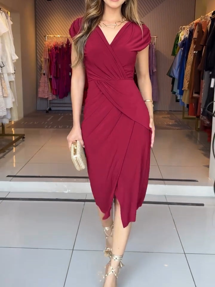Burgundy V-neck Pleated Waist Midi Dress