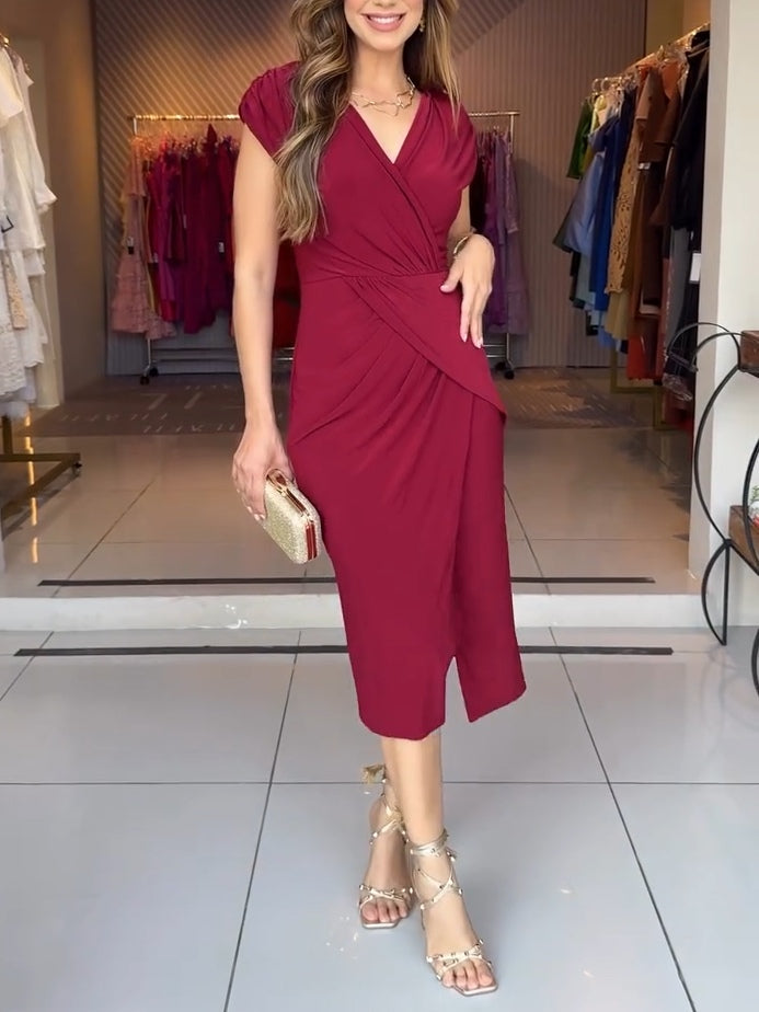 Burgundy V-neck Pleated Waist Midi Dress