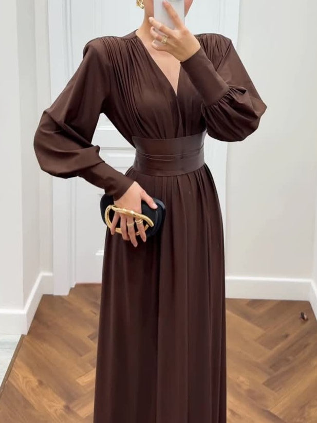 Brown Lantern Sleeve Tunic Maxi Dress