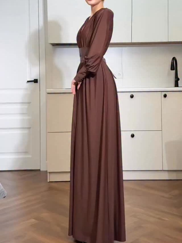 Brown Lantern Sleeve Tunic Maxi Dress