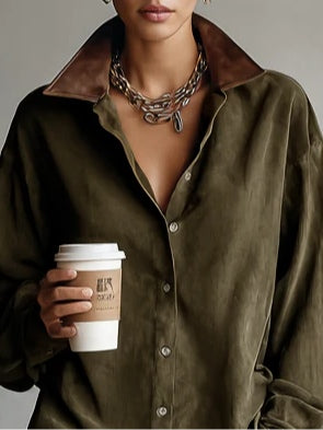 Simple Loose Leather Lapel Spliced Suede Mini Dress